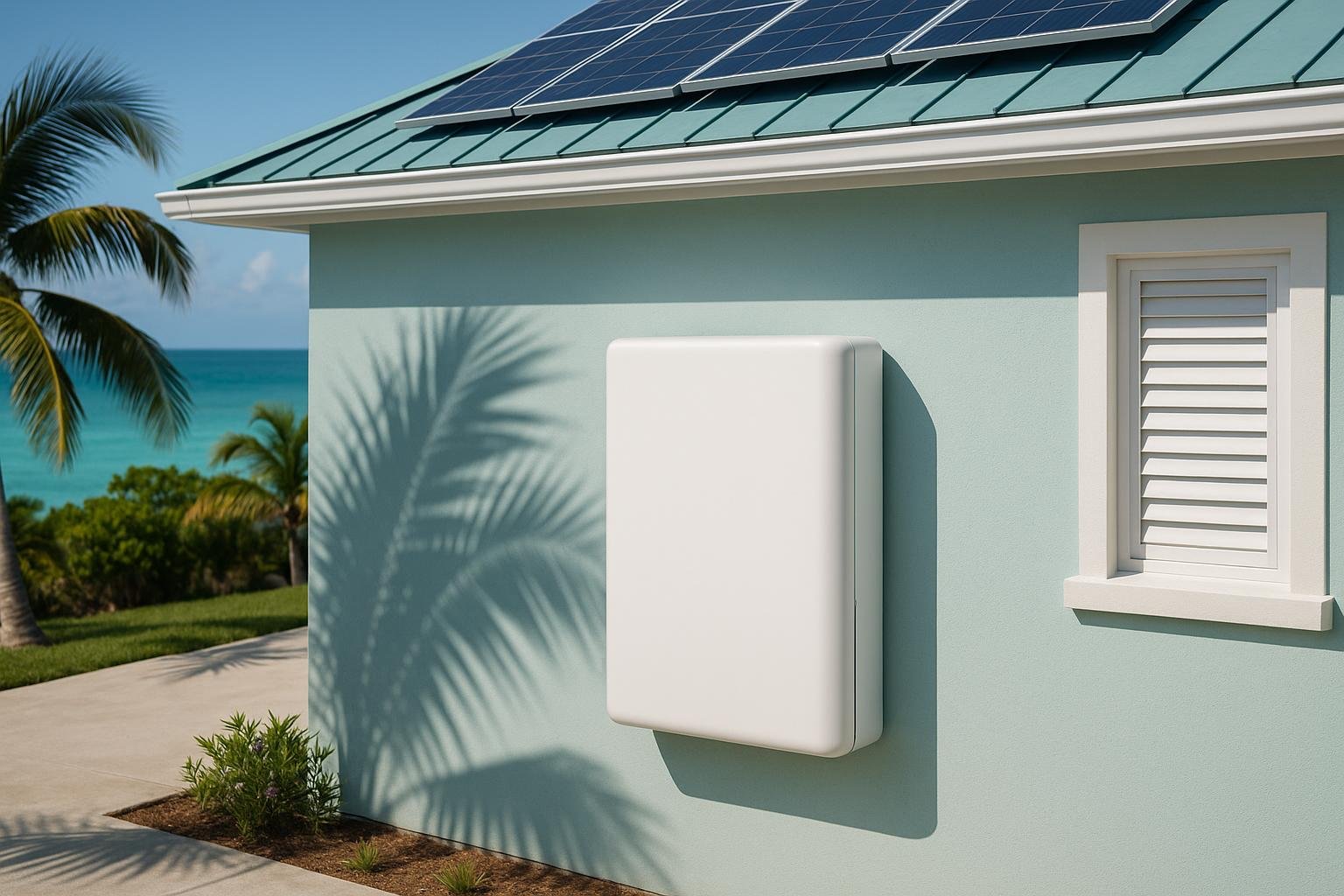 Home battery backup system with solar panels on a house in Nassau, Bahamas