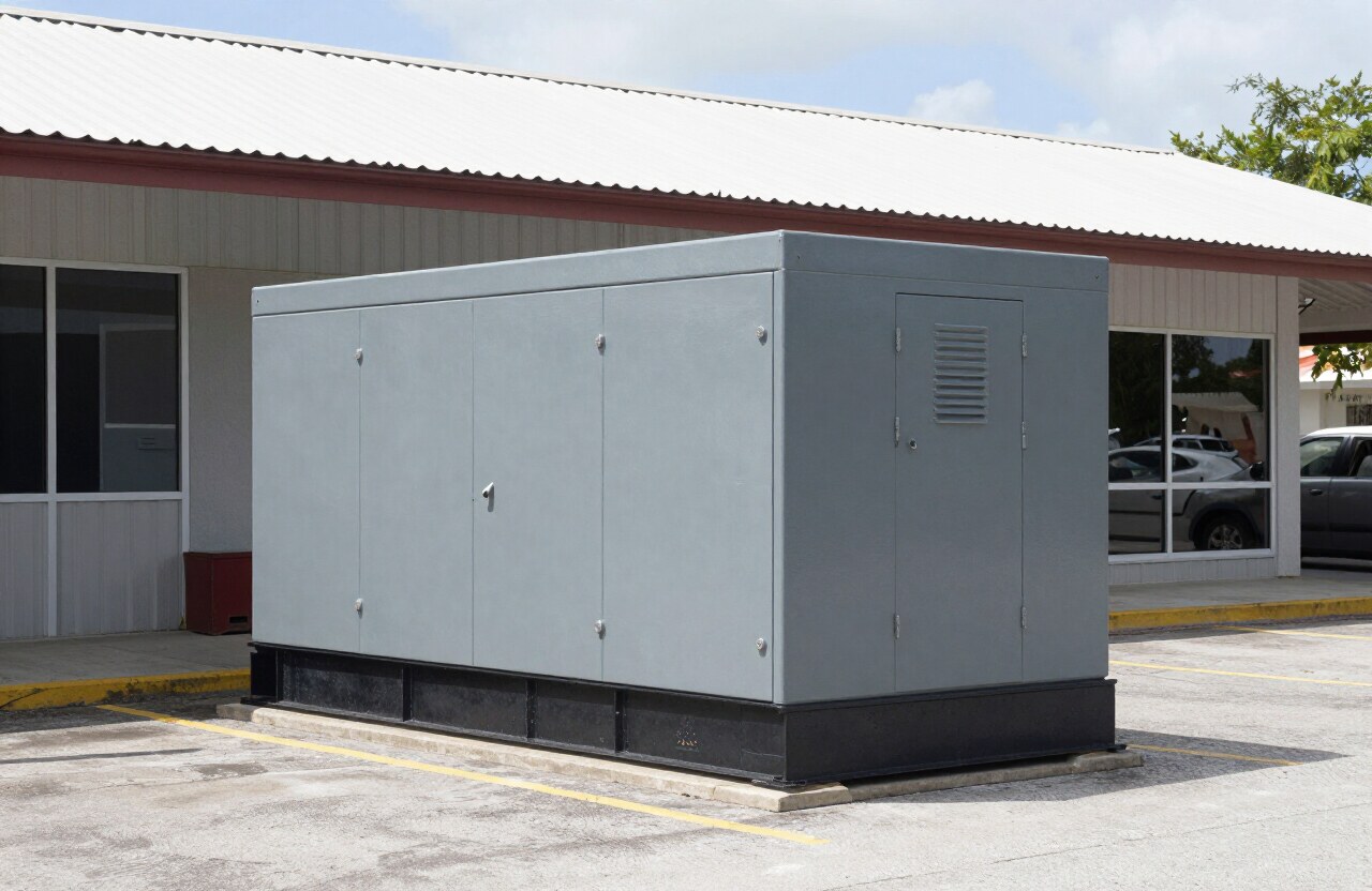Large commercial standby generator behind a small business storefront in Nassau Bahamas