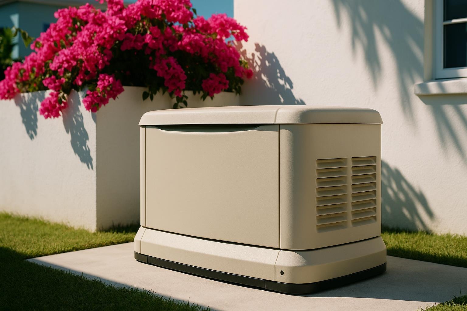 Generac air-cooled home standby generator outside a residence in Nassau, Bahamas