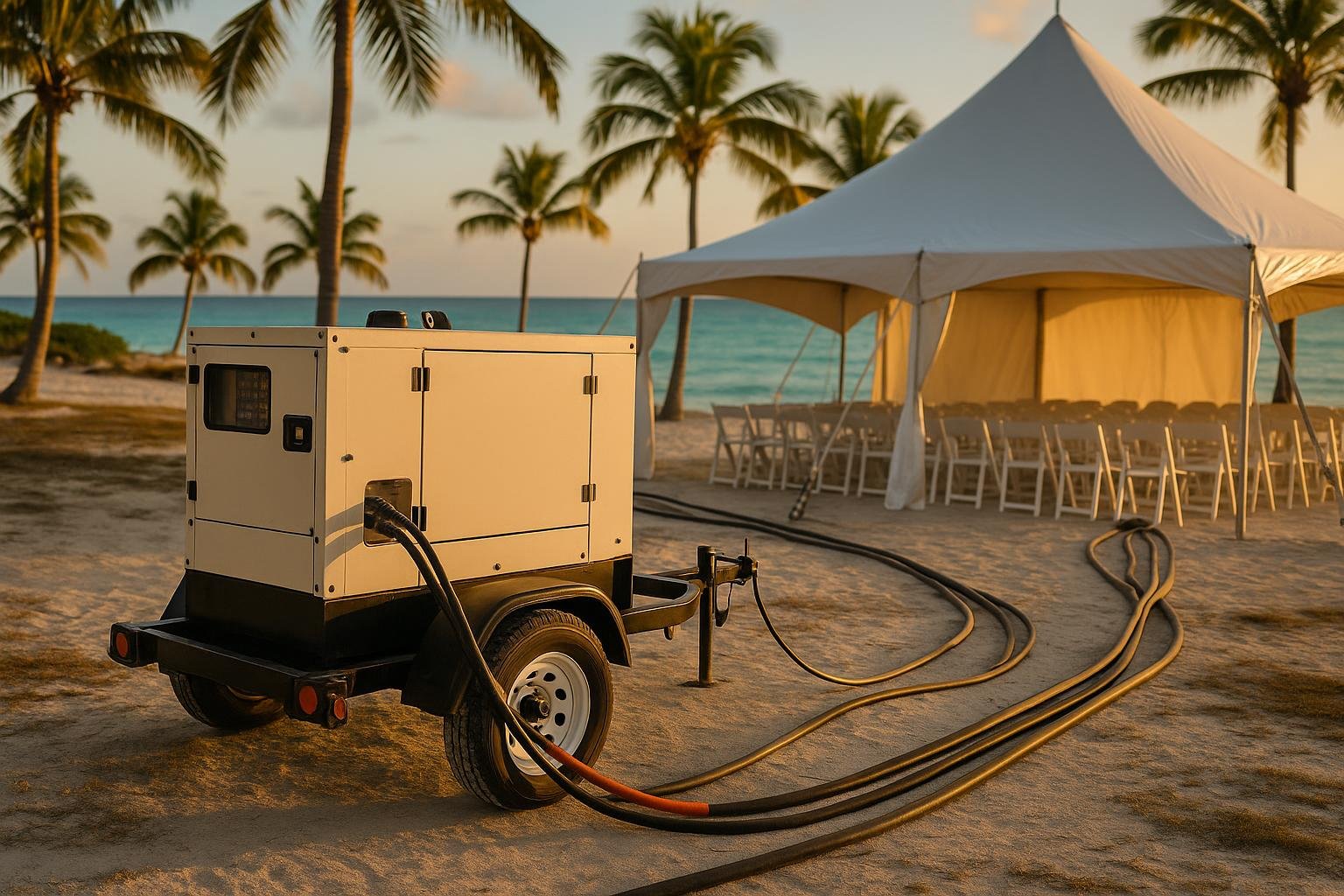 Towable diesel rental generator on a job site in Nassau, Bahamas