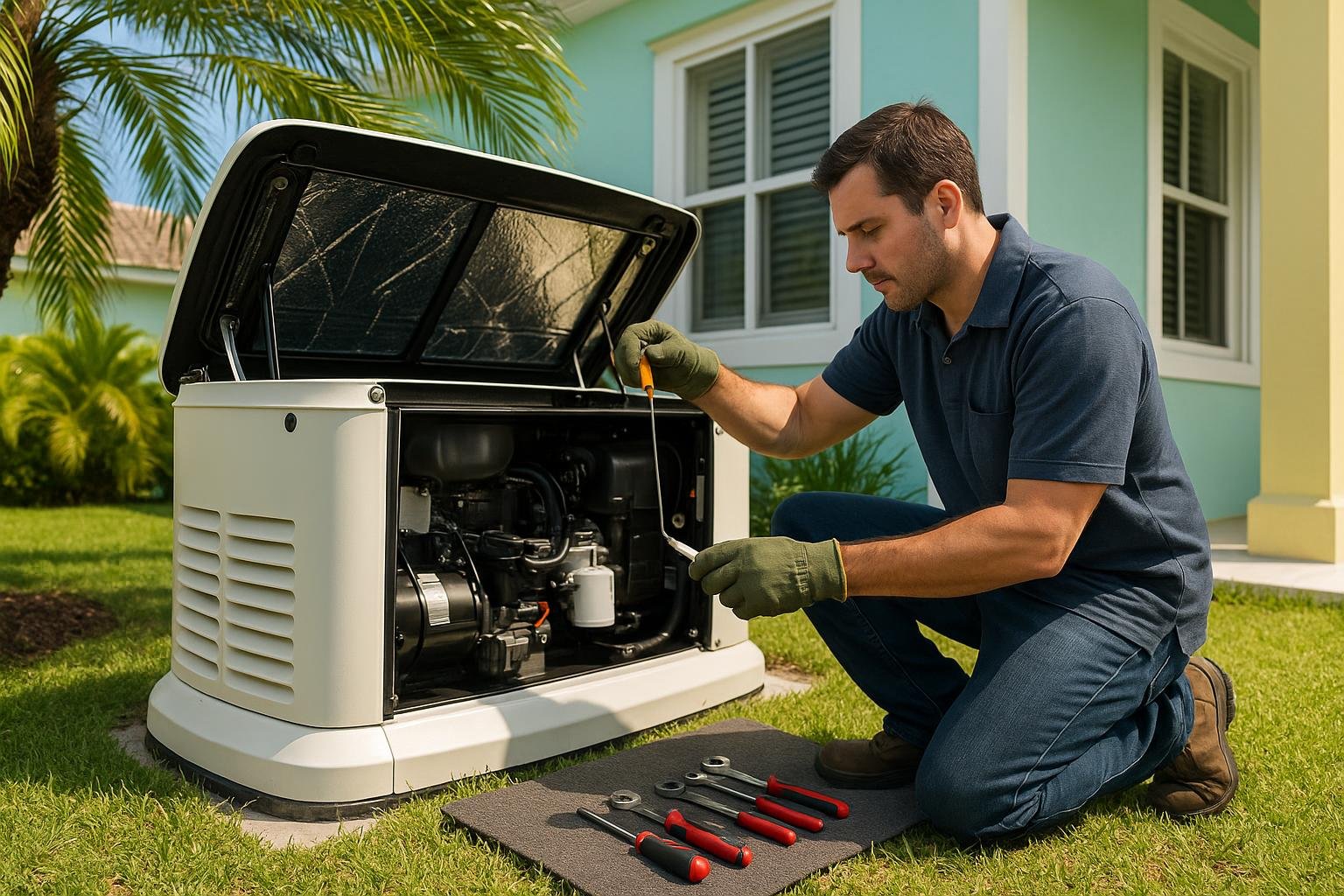 Technician servicing a home standby generator in Nassau, Bahamas