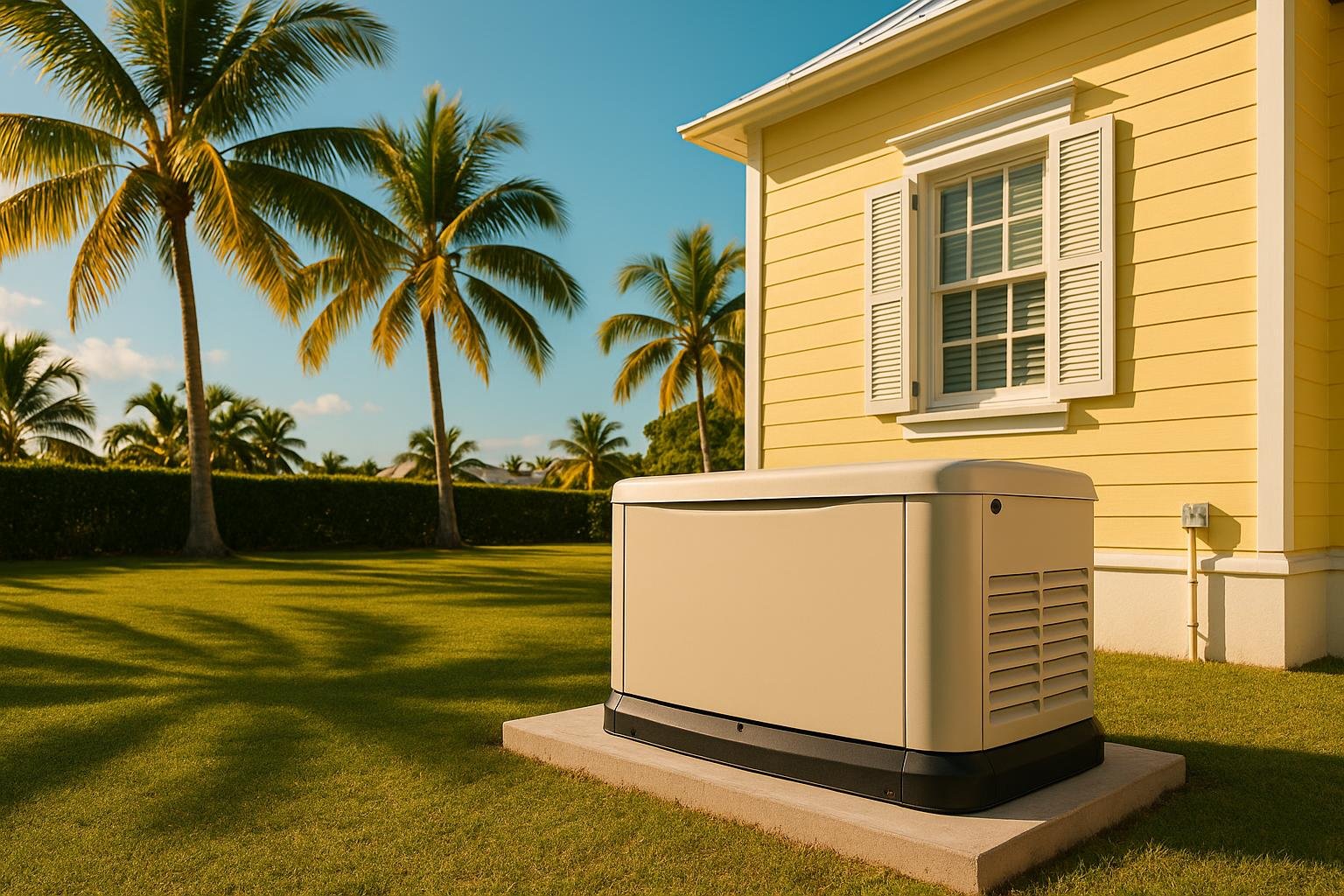 Home standby generator beside a coastal home in Nassau, Bahamas
