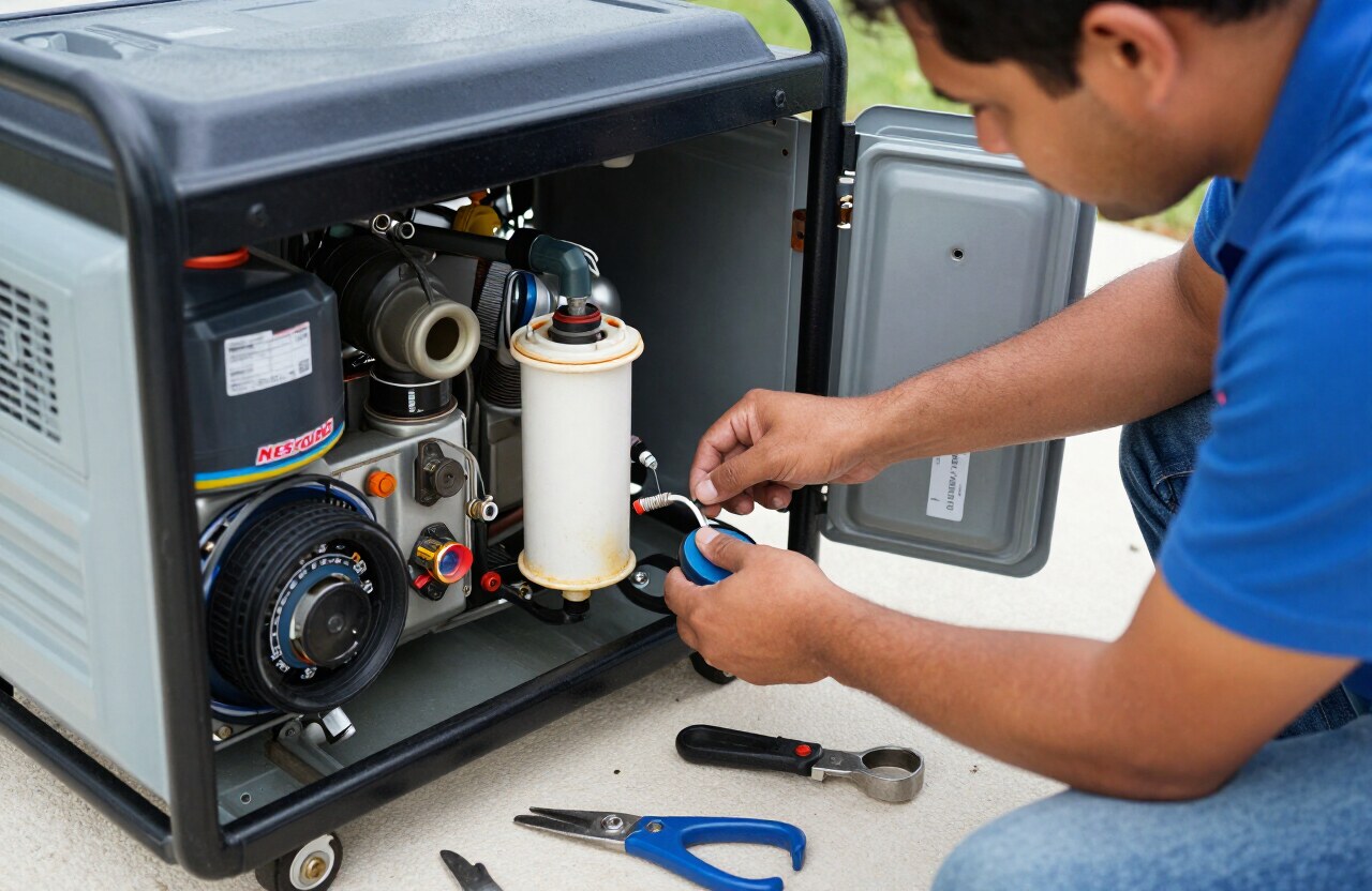 Technician changing the oil filter during standby generator maintenance in Nassau Bahamas