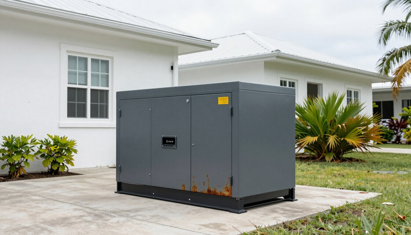 Standby generator installed on a concrete pad beside a Nassau Bahamas home