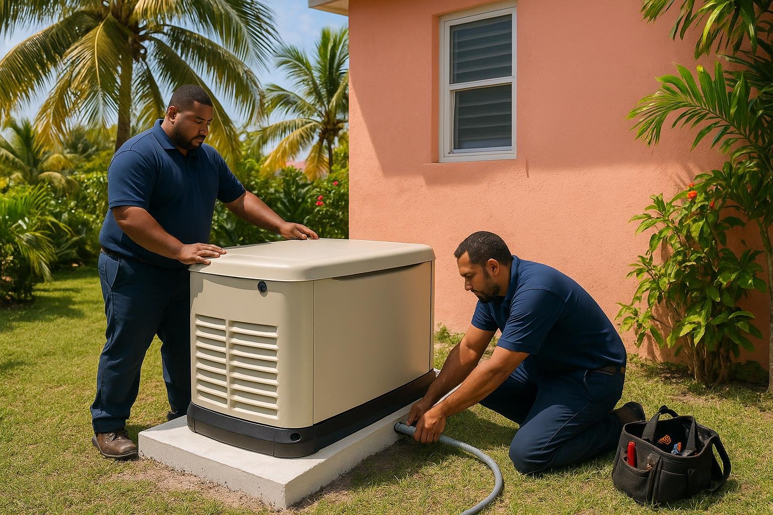 Home standby generator installed on a concrete pad beside a house in Nassau, Bahamas