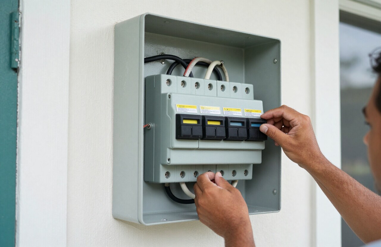 Automatic transfer switch being wired during a standby generator installation at a Nassau Bahamas home